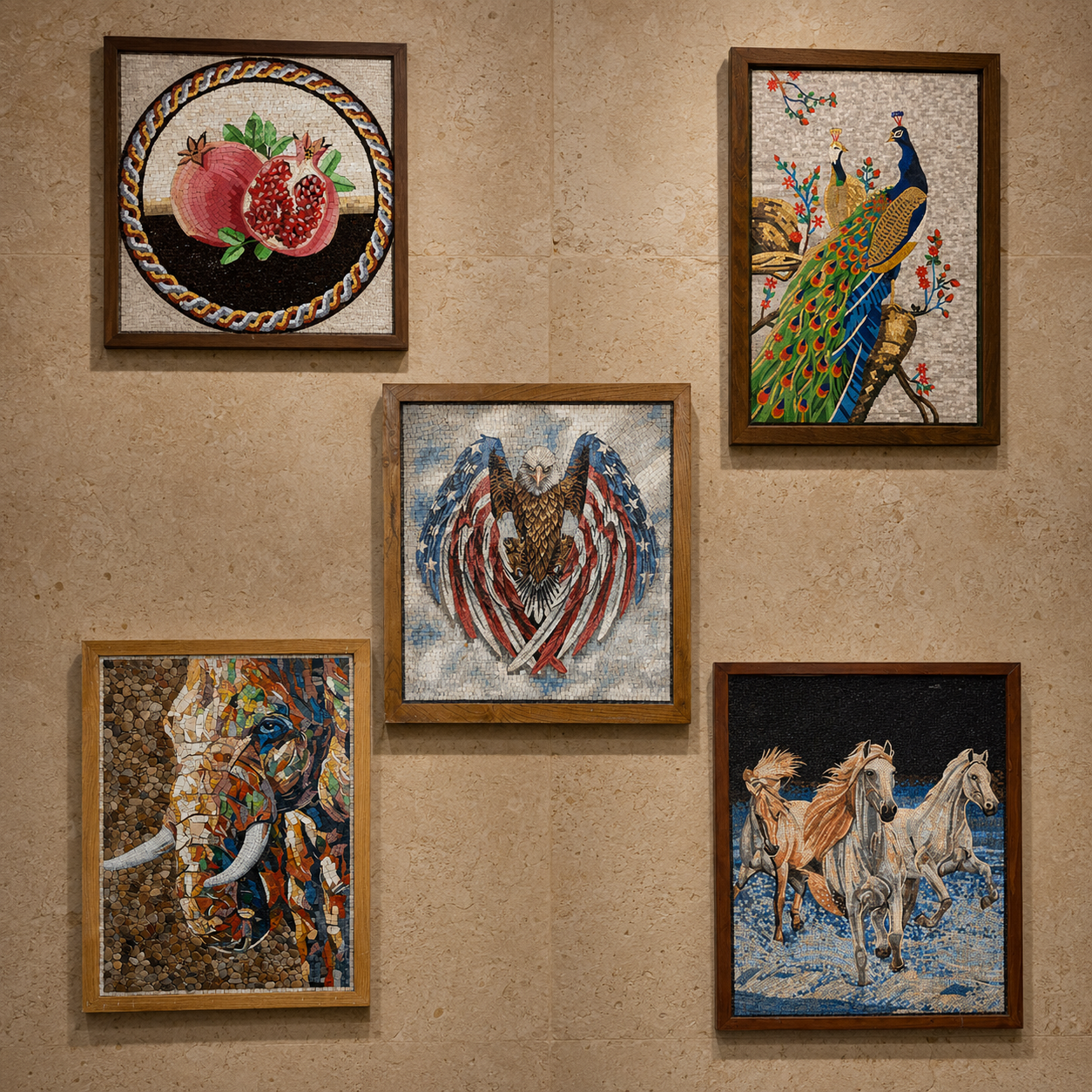 A gallery wall of framed Bethlehem mosaic artworks, including pomegranate, peacock, eagle, elephant and horse designs, made with Holy Land stones