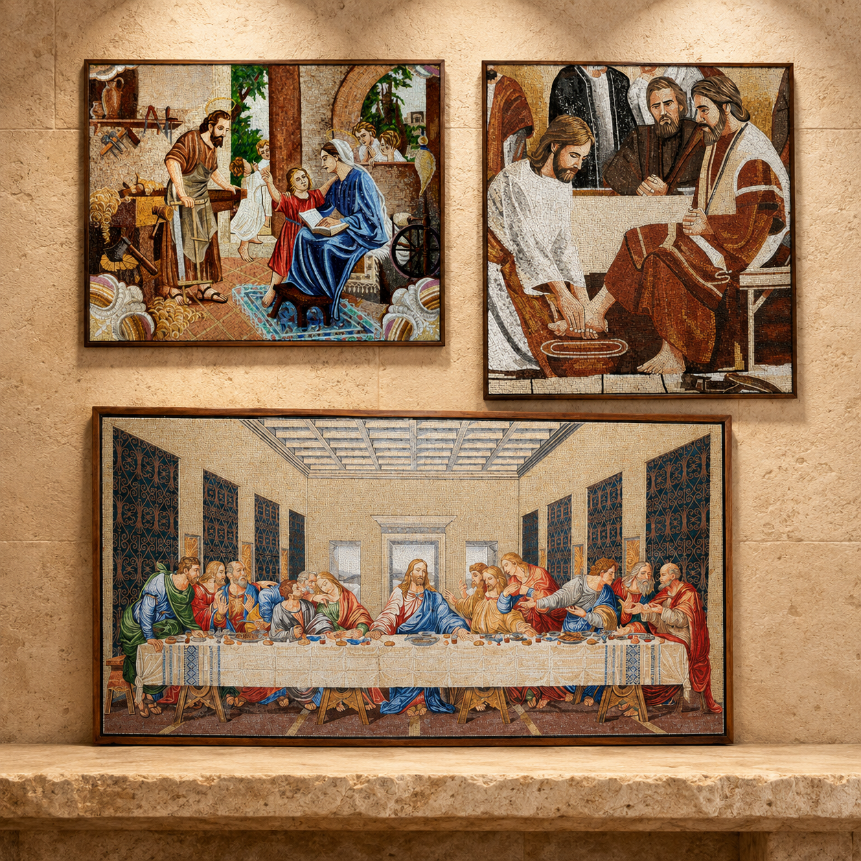 The Last Supper mosaic art made with Holy Land stones, displayed framed alongside other mosaic artworks