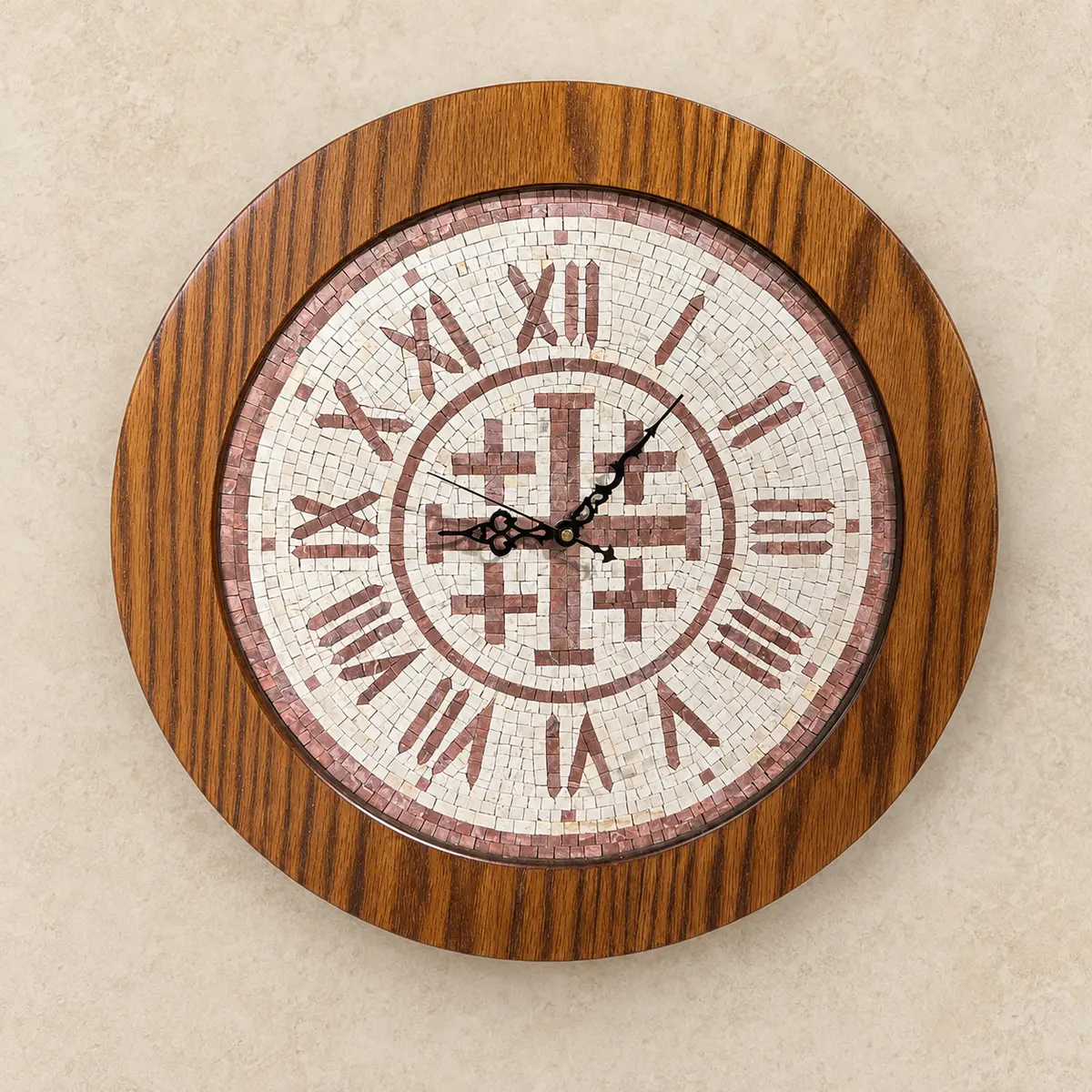 Round Jerusalem Cross mosaic wall clock made with Holy Land stones, set in a wooden frame