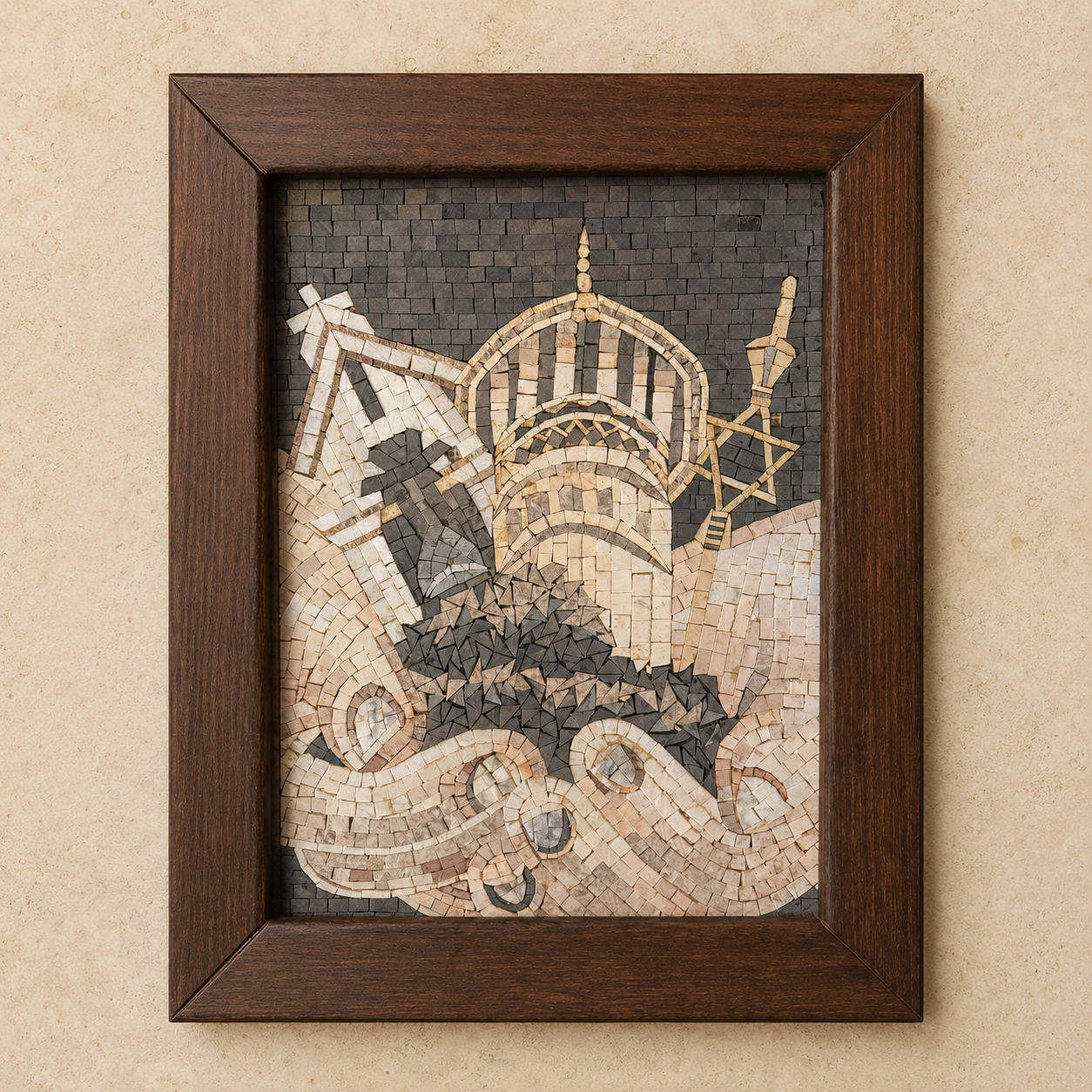 Symbolic mosaic artwork representing Jerusalem's three faiths, with a cross, a minaret, and a menorah, made with Holy Land stones