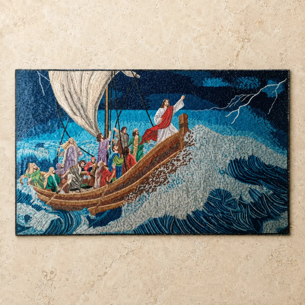 Mosaic artwork of Jesus calming the storm on a boat with his disciples amid crashing waves, made with Holy Land stones