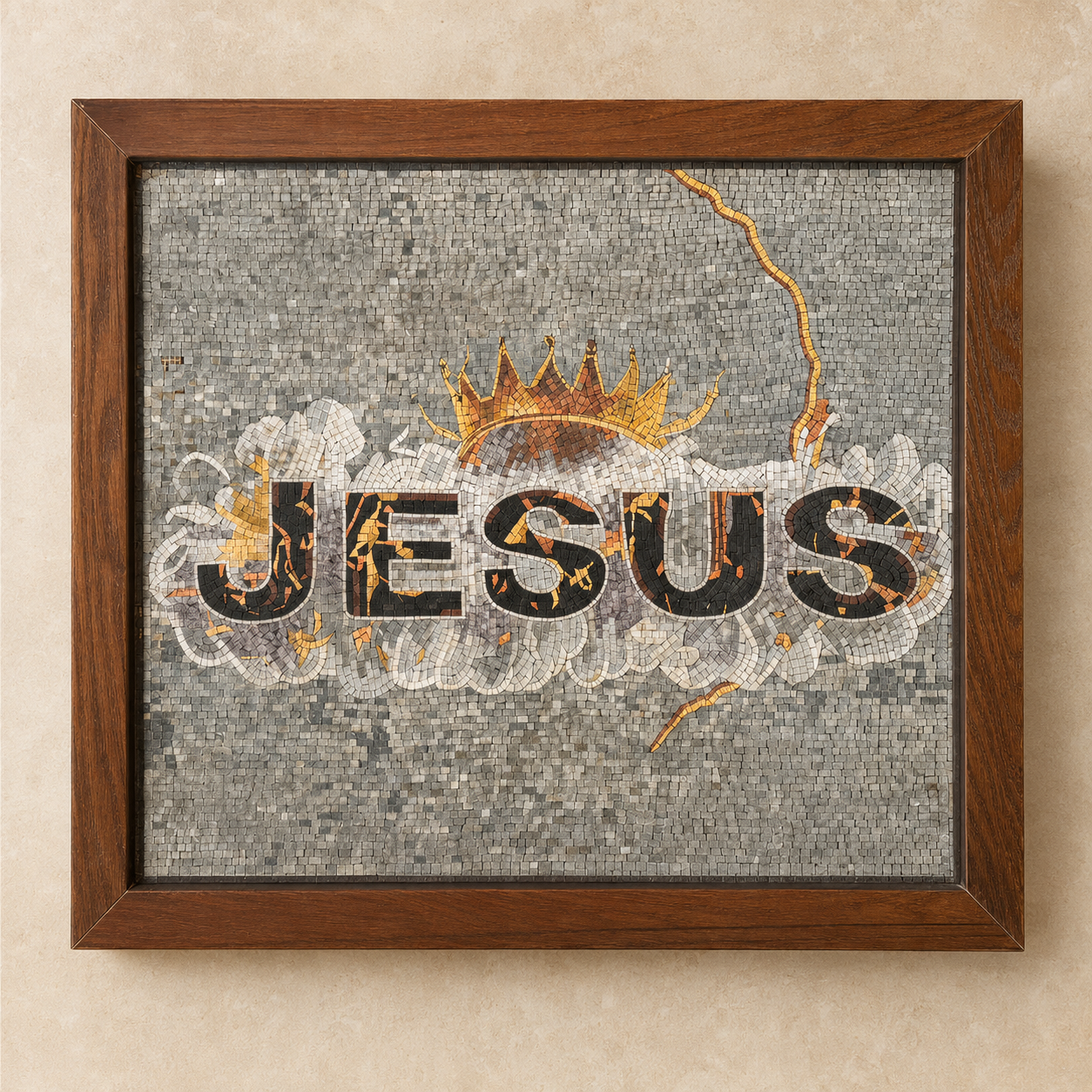 Mosaic artwork of the name Jesus beneath a golden crown, made with Holy Land stones