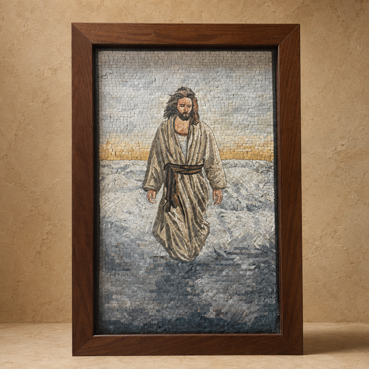 Mosaic artwork of Jesus walking on water, made with Holy Land stones