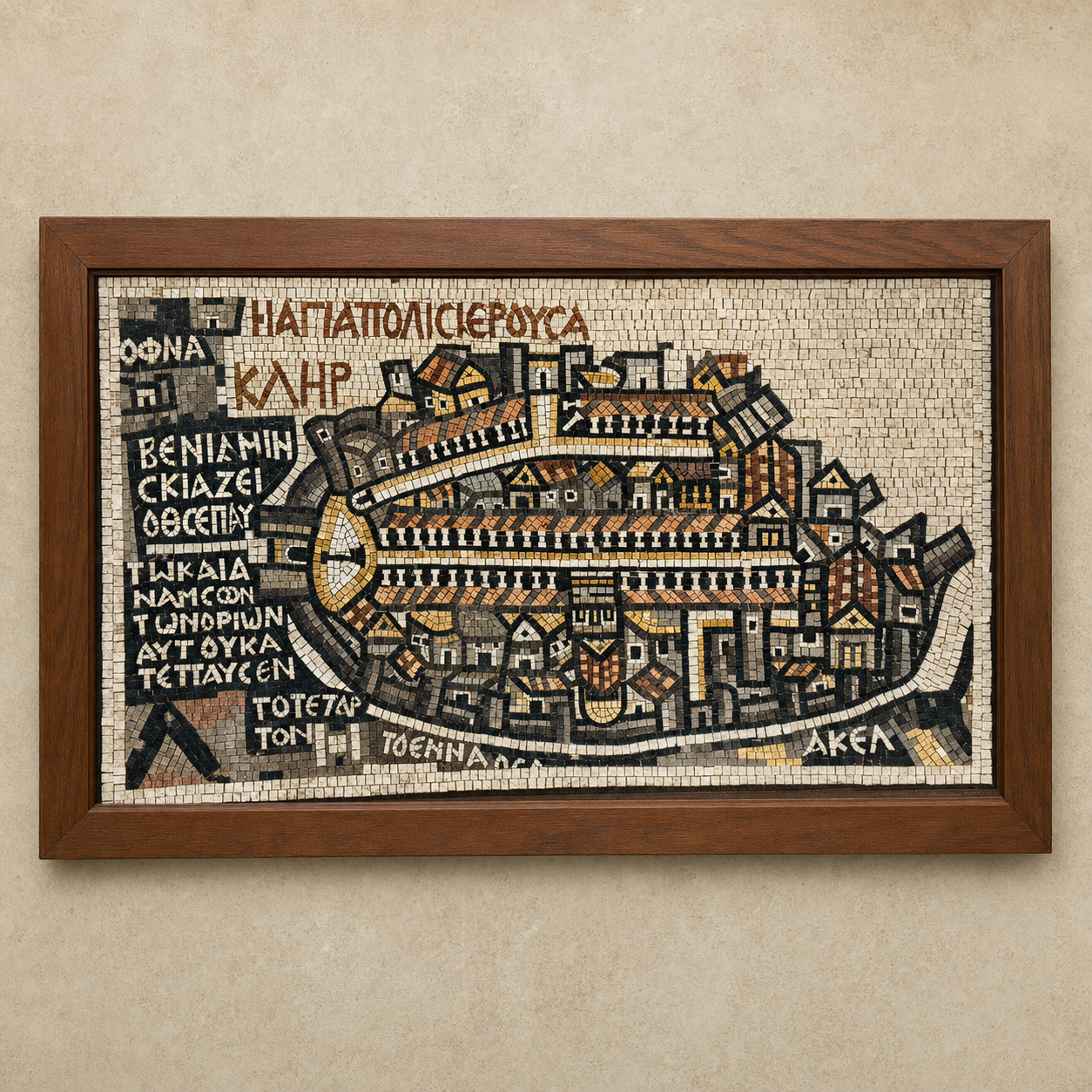Replica mosaic of the Madaba Map showing ancient Jerusalem, with Greek lettering, based on the famous Byzantine mosaic map