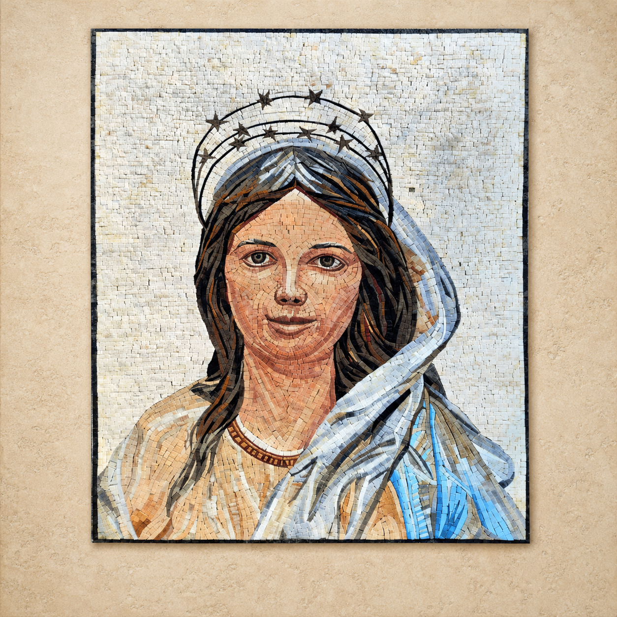 Our Lady of Nazareth mosaic art made with Holy Land stones, a smiling portrait of the Virgin Mary