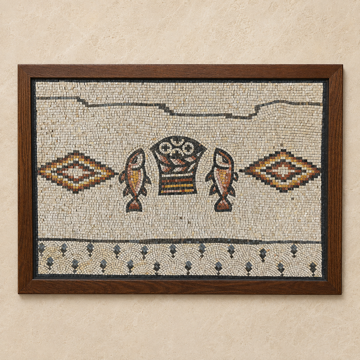 Replica mosaic of the loaves and fishes, based on the ancient floor mosaic at the Church of the Multiplication in Tabgha